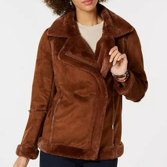 Style & Co Jackets & Blazers - NEW Style & Co Faux Shearling Moto Jacket Women Plus 2X Brown Zip Pockets Soft